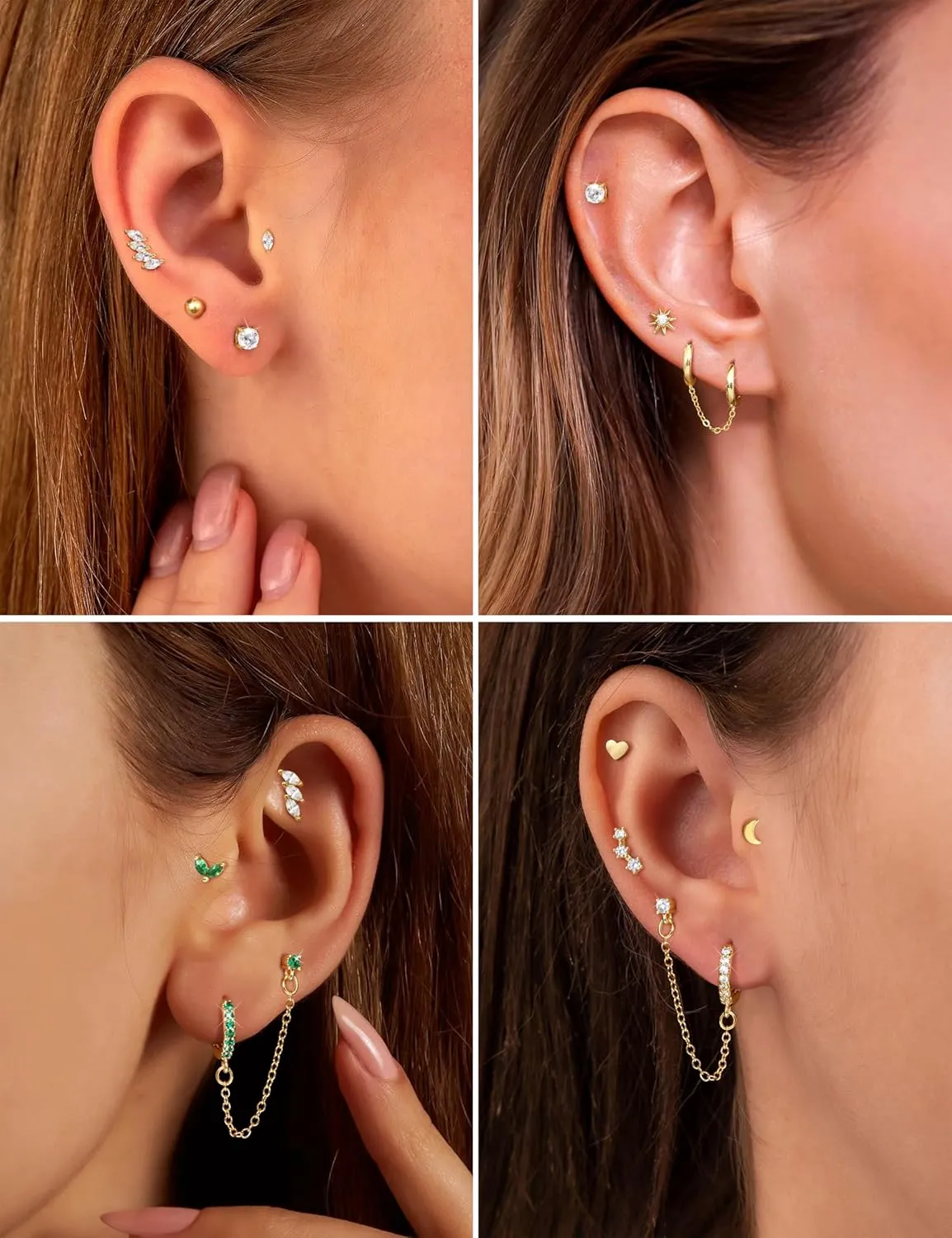 YADOCA Gold Flat Back Earrings for Women, 14K Gold Plated Trendy Cartilage Earring Sets for Multiple Piercing Hypoallergenic Small Huggie Hoop Earrings Stacks with Dangle Chain Dainty Gold Stud Earrings