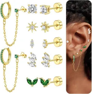 YADOCA Gold Flat Back Earrings for Women, 14K Gold Plated Trendy Cartilage Earring Sets for Multiple Piercing Hypoallergenic Small Huggie Hoop Earrings Stacks with Dangle Chain Dainty Gold Stud Earrings