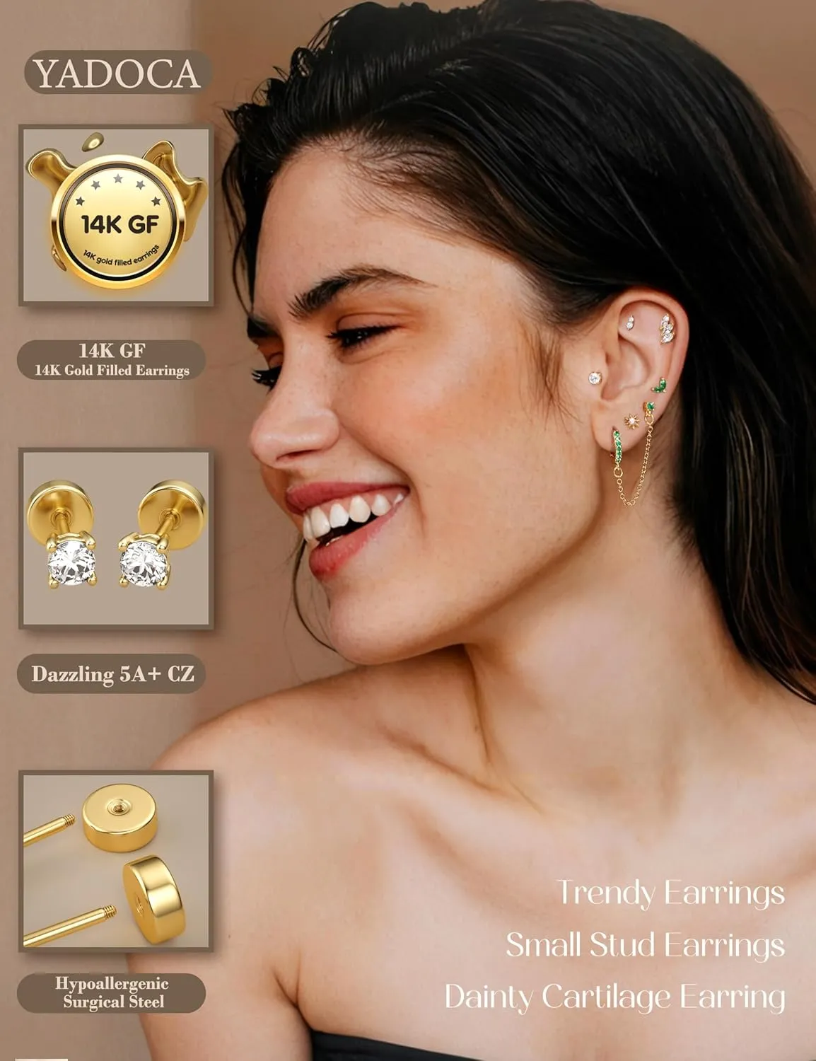YADOCA Gold Flat Back Earrings for Women, 14K Gold Plated Trendy Cartilage Earring Sets for Multiple Piercing Hypoallergenic Small Huggie Hoop Earrings Stacks with Dangle Chain Dainty Gold Stud Earrings
