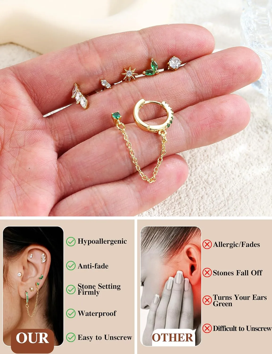 YADOCA Gold Flat Back Earrings for Women, 14K Gold Plated Trendy Cartilage Earring Sets for Multiple Piercing Hypoallergenic Small Huggie Hoop Earrings Stacks with Dangle Chain Dainty Gold Stud Earrings