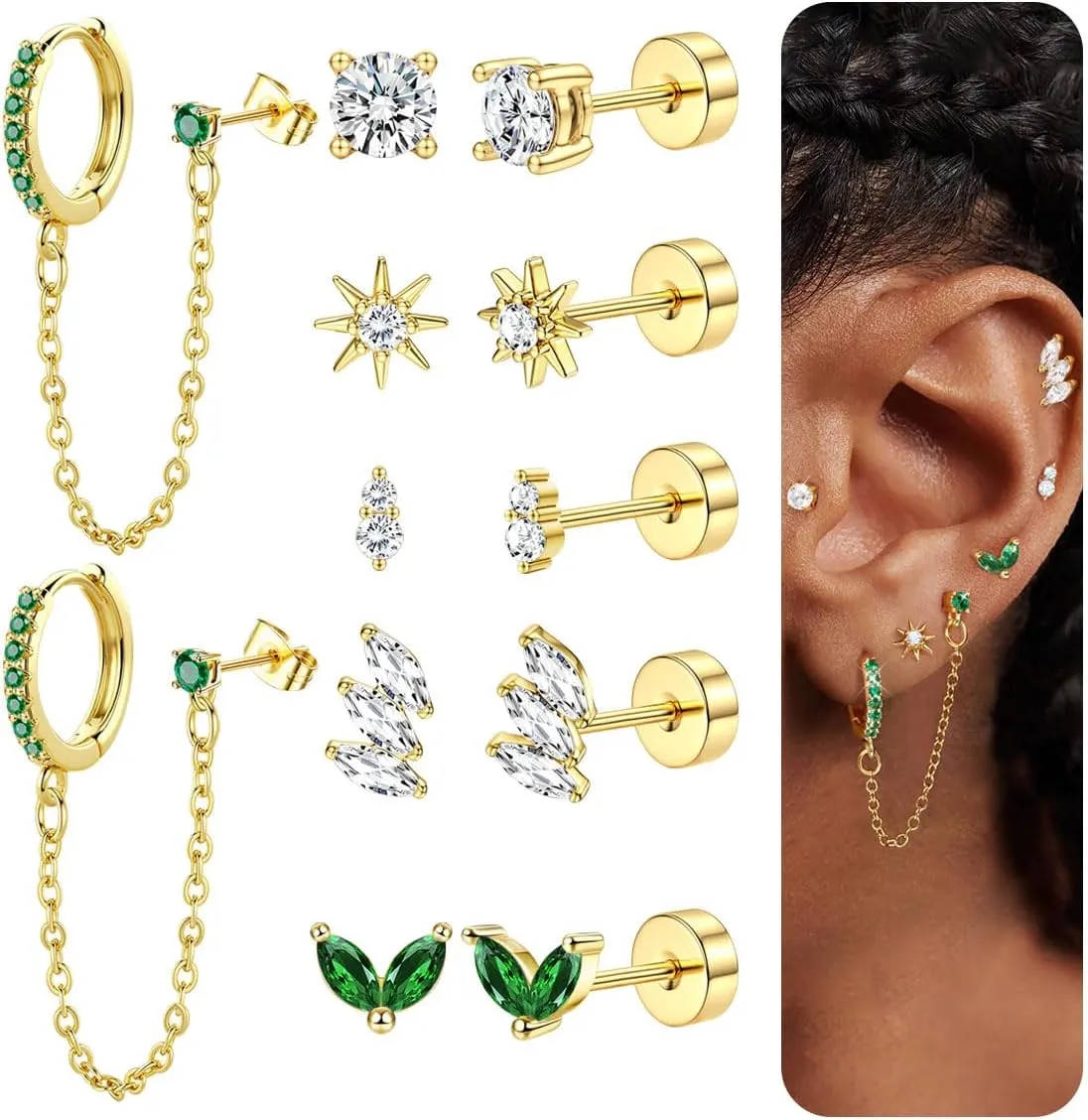 YADOCA Gold Flat Back Earrings for Women, 14K Gold Plated Trendy Cartilage Earring Sets for Multiple Piercing Hypoallergenic Small Huggie Hoop Earrings Stacks with Dangle Chain Dainty Gold Stud Earrings