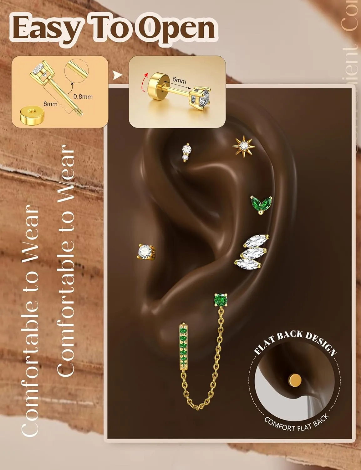 YADOCA Gold Flat Back Earrings for Women, 14K Gold Plated Trendy Cartilage Earring Sets for Multiple Piercing Hypoallergenic Small Huggie Hoop Earrings Stacks with Dangle Chain Dainty Gold Stud Earrings
