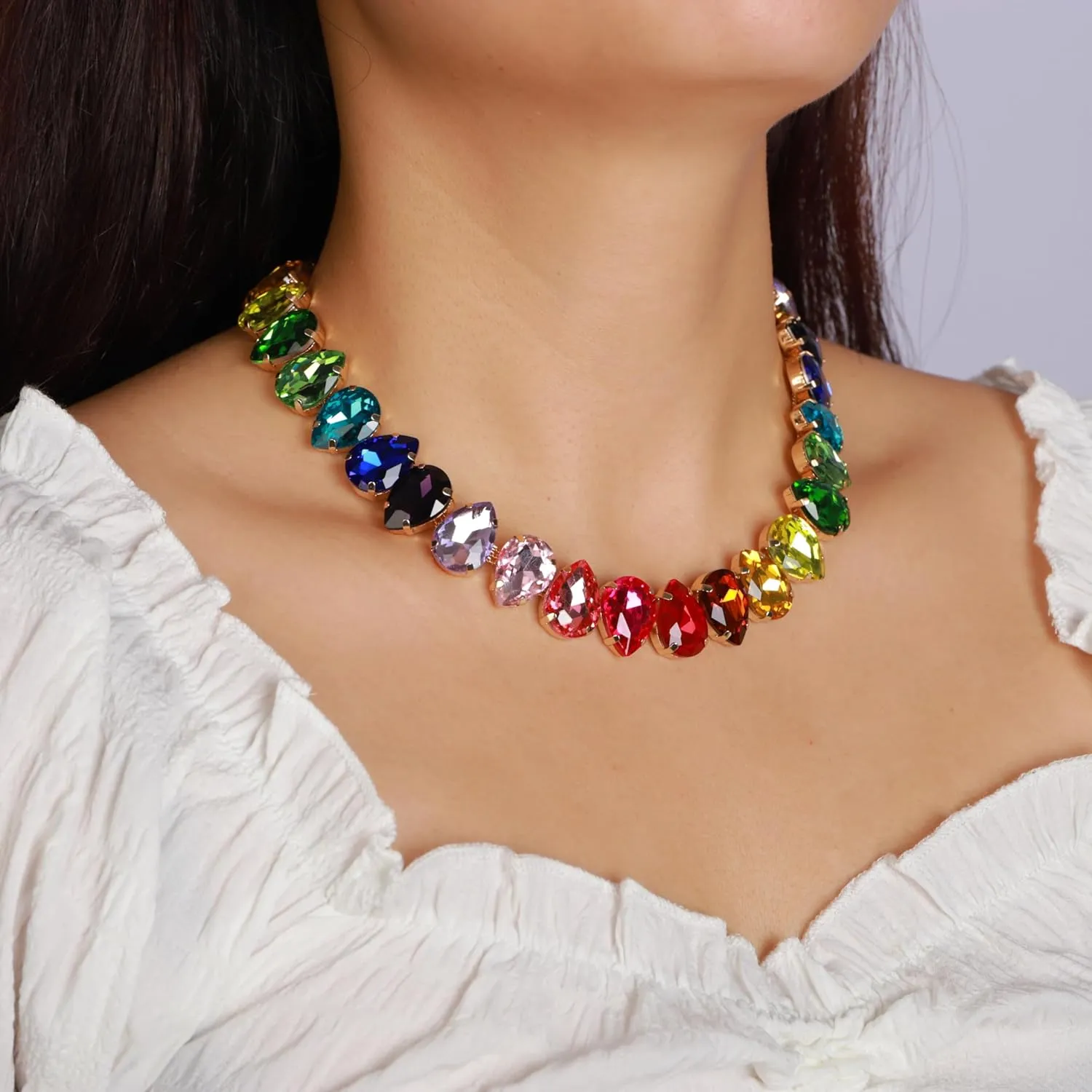 YERTTER Sparkle Colorful Full Rhinestone Choker Oval Crystal Chain Collar Stunning Boho Crystal Statement Clavicle Choker Necklace for Wedding Women Girls