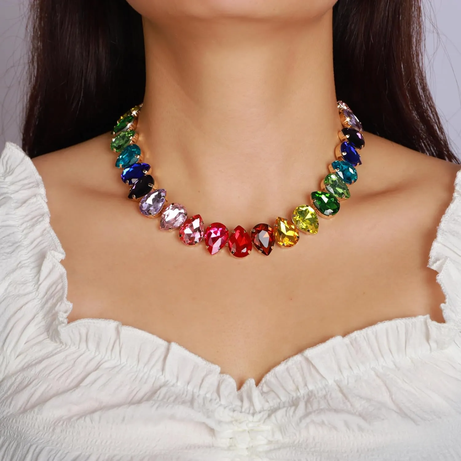 YERTTER Sparkle Colorful Full Rhinestone Choker Oval Crystal Chain Collar Stunning Boho Crystal Statement Clavicle Choker Necklace for Wedding Women Girls