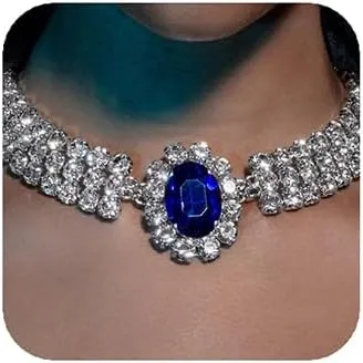 YERTTER Vintage Full Chunky Rhinestone Sapphire Charm Silver Chain Blue Crystal Pendant Collar Choker Necklace Adjustable Chain for Party Music Club Women (Silver 4)