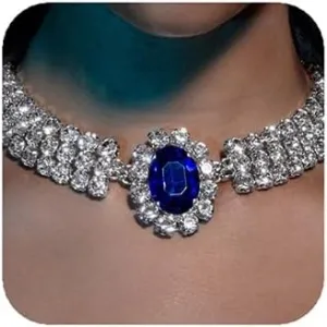 YERTTER Vintage Full Chunky Rhinestone Sapphire Charm Silver Chain Blue Crystal Pendant Collar Choker Necklace Adjustable Chain for Party Music Club Women (Silver 4)