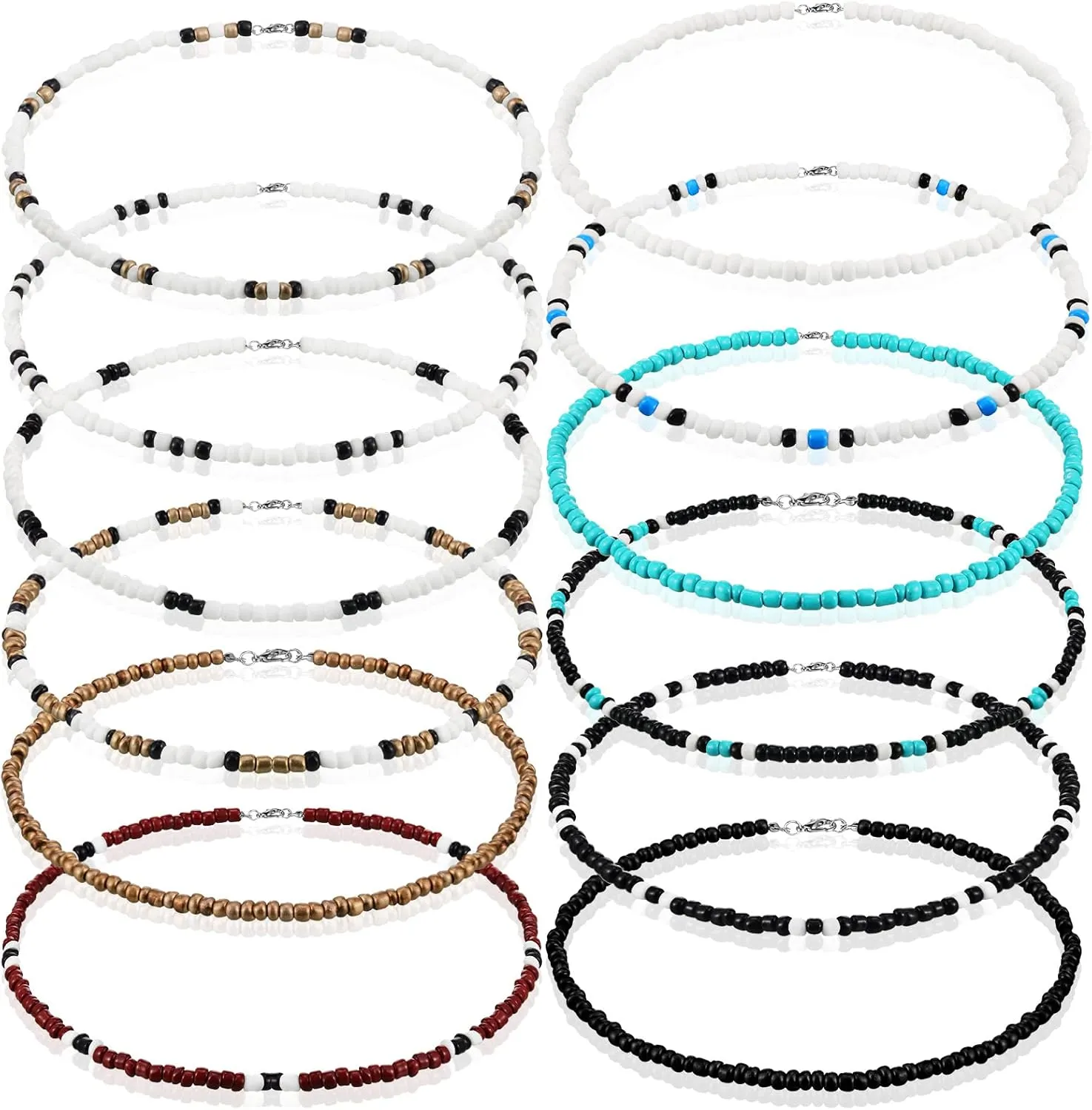 Yinkin 12 Pcs Puka Shell Necklace Beach Surfer Beaded Necklace Summer Surfer Chokers for Men Women Jewelry