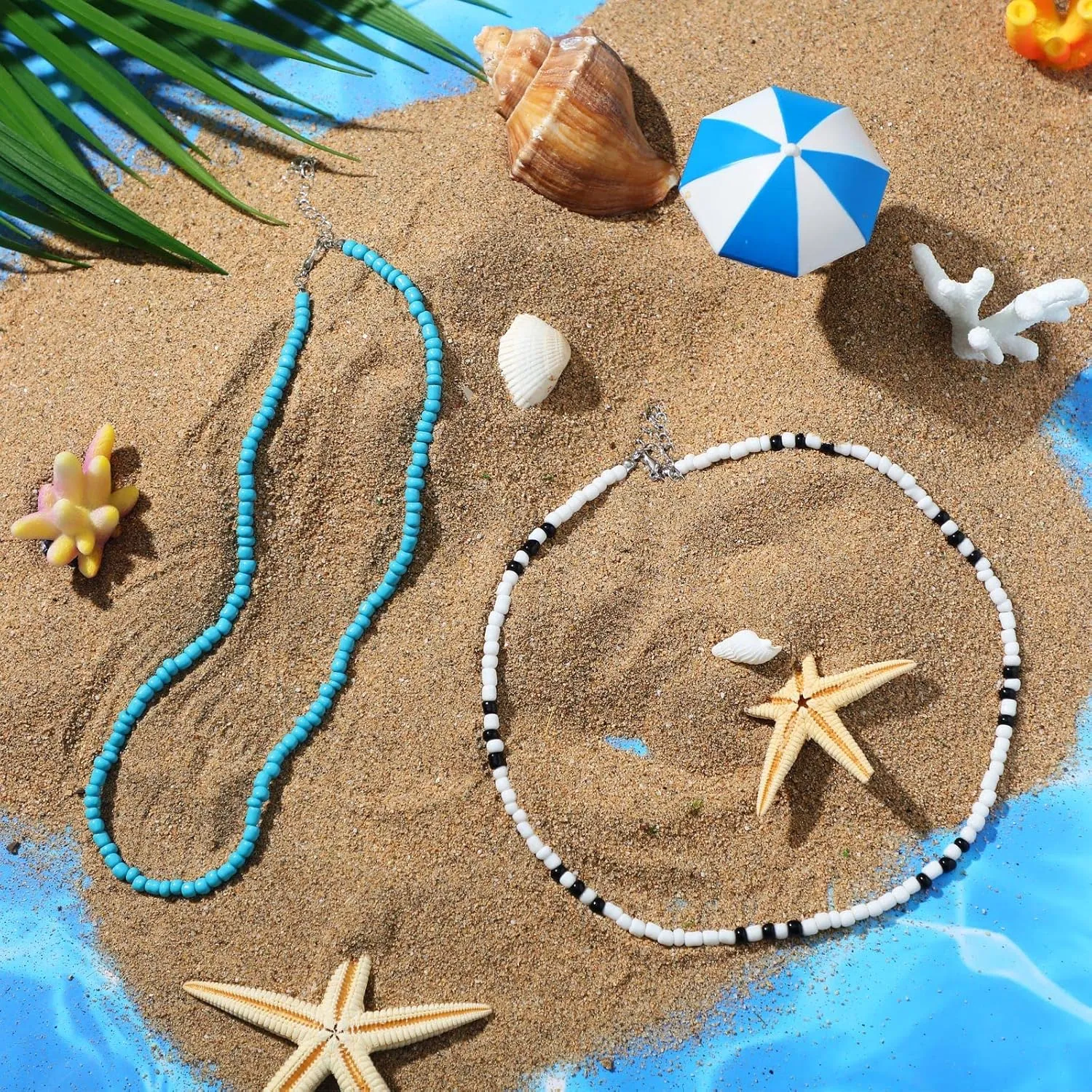 Yinkin 12 Pcs Puka Shell Necklace Beach Surfer Beaded Necklace Summer Surfer Chokers for Men Women Jewelry