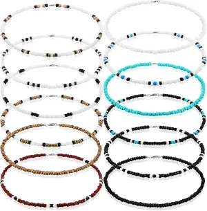 Yinkin 12 Pcs Puka Shell Necklace Beach Surfer Beaded Necklace Summer Surfer Chokers for Men Women Jewelry