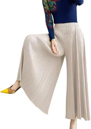 yoeasy Women Textured Pleated Wide Leg Palazzo Pants Summer High Elastic Waist Loose Casual Long Trousers