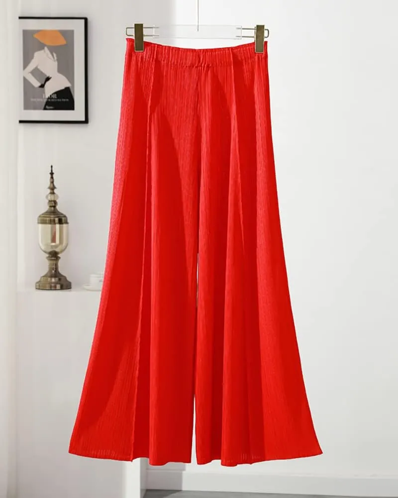 yoeasy Women Textured Pleated Wide Leg Palazzo Pants Summer High Elastic Waist Loose Casual Long Trousers