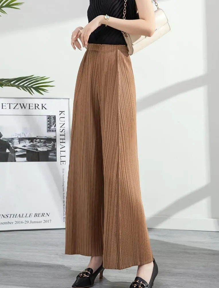 yoeasy Women Textured Pleated Wide Leg Palazzo Pants Summer High Elastic Waist Loose Casual Long Trousers