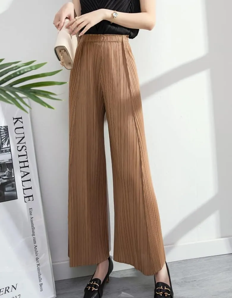 yoeasy Women Textured Pleated Wide Leg Palazzo Pants Summer High Elastic Waist Loose Casual Long Trousers