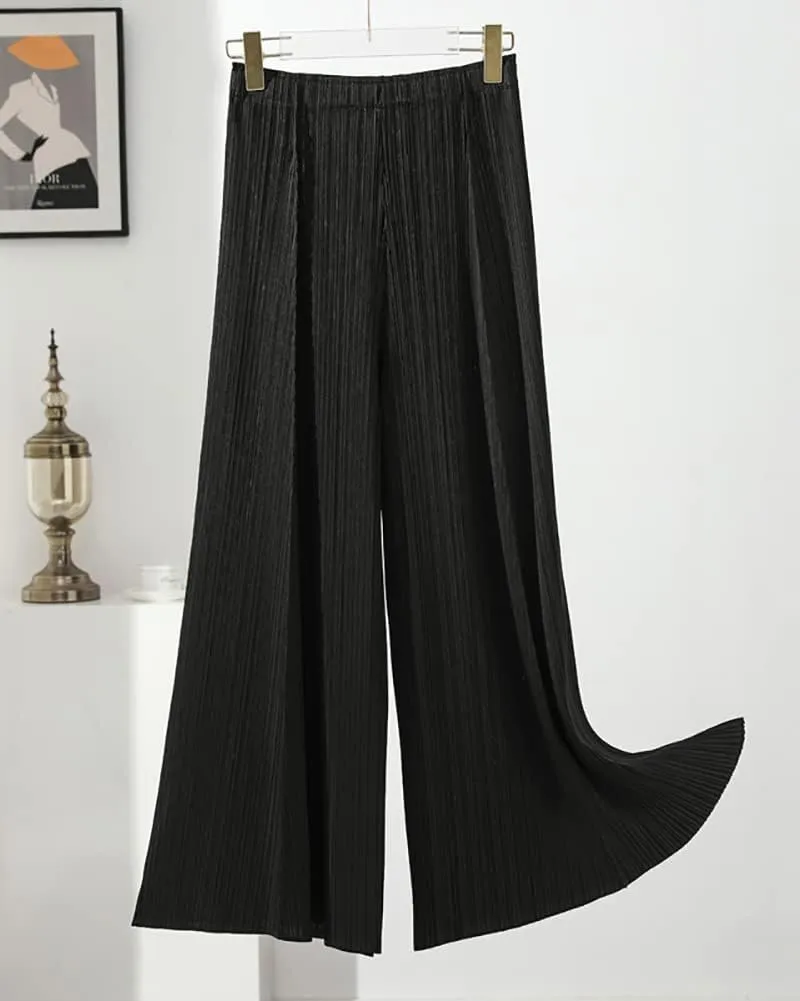 yoeasy Women Textured Pleated Wide Leg Palazzo Pants Summer High Elastic Waist Loose Casual Long Trousers