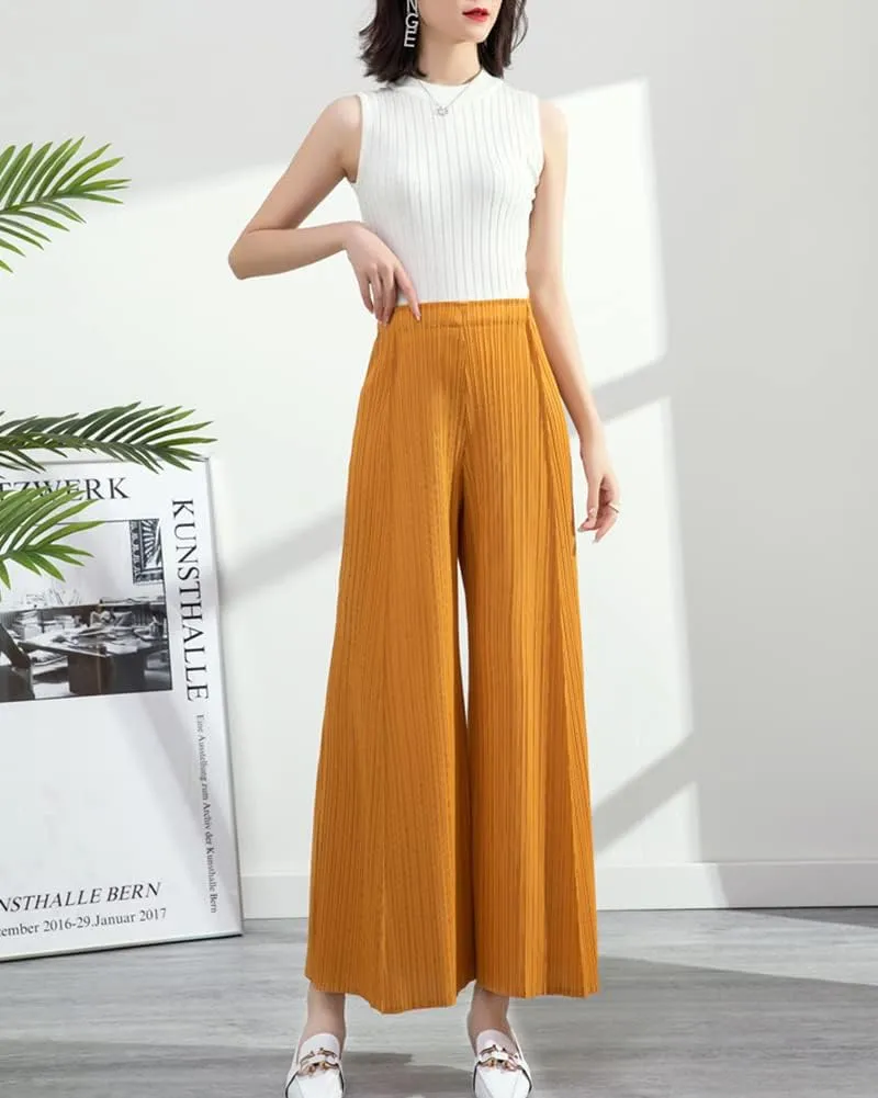yoeasy Women Textured Pleated Wide Leg Palazzo Pants Summer High Elastic Waist Loose Casual Long Trousers