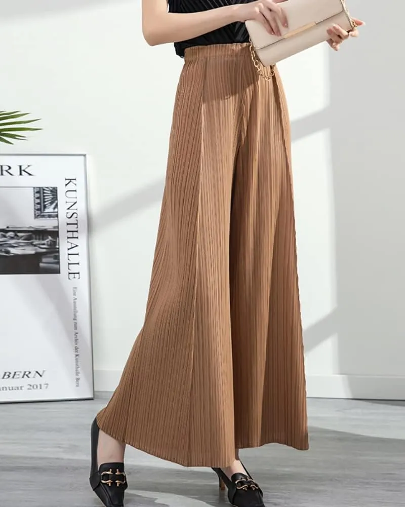 yoeasy Women Textured Pleated Wide Leg Palazzo Pants Summer High Elastic Waist Loose Casual Long Trousers