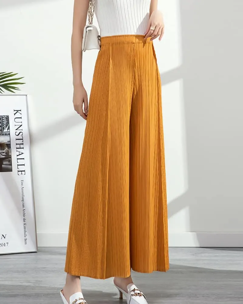 yoeasy Women Textured Pleated Wide Leg Palazzo Pants Summer High Elastic Waist Loose Casual Long Trousers