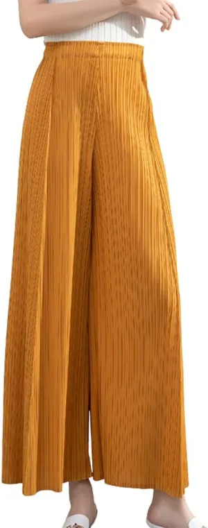 yoeasy Women Textured Pleated Wide Leg Palazzo Pants Summer High Elastic Waist Loose Casual Long Trousers