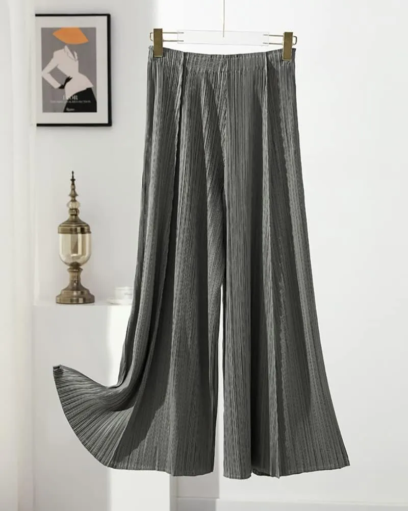 yoeasy Women Textured Pleated Wide Leg Palazzo Pants Summer High Elastic Waist Loose Casual Long Trousers