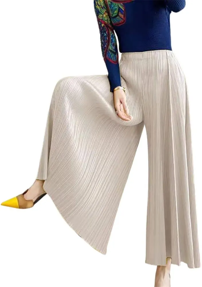 yoeasy Women Textured Pleated Wide Leg Palazzo Pants Summer High Elastic Waist Loose Casual Long Trousers