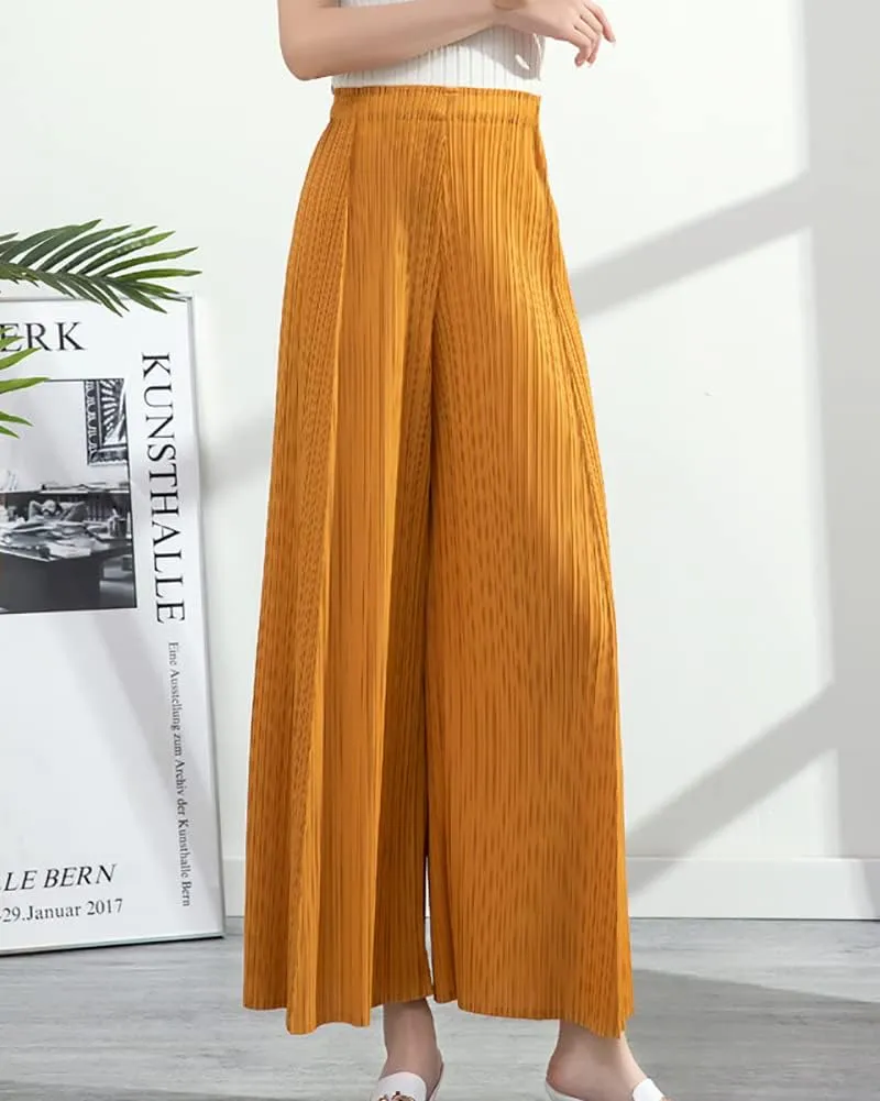 yoeasy Women Textured Pleated Wide Leg Palazzo Pants Summer High Elastic Waist Loose Casual Long Trousers