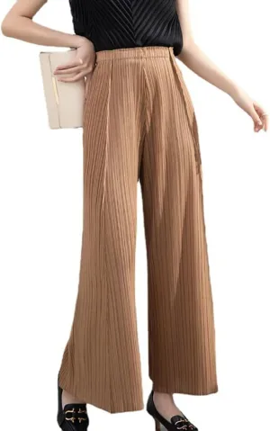 yoeasy Women Textured Pleated Wide Leg Palazzo Pants Summer High Elastic Waist Loose Casual Long Trousers