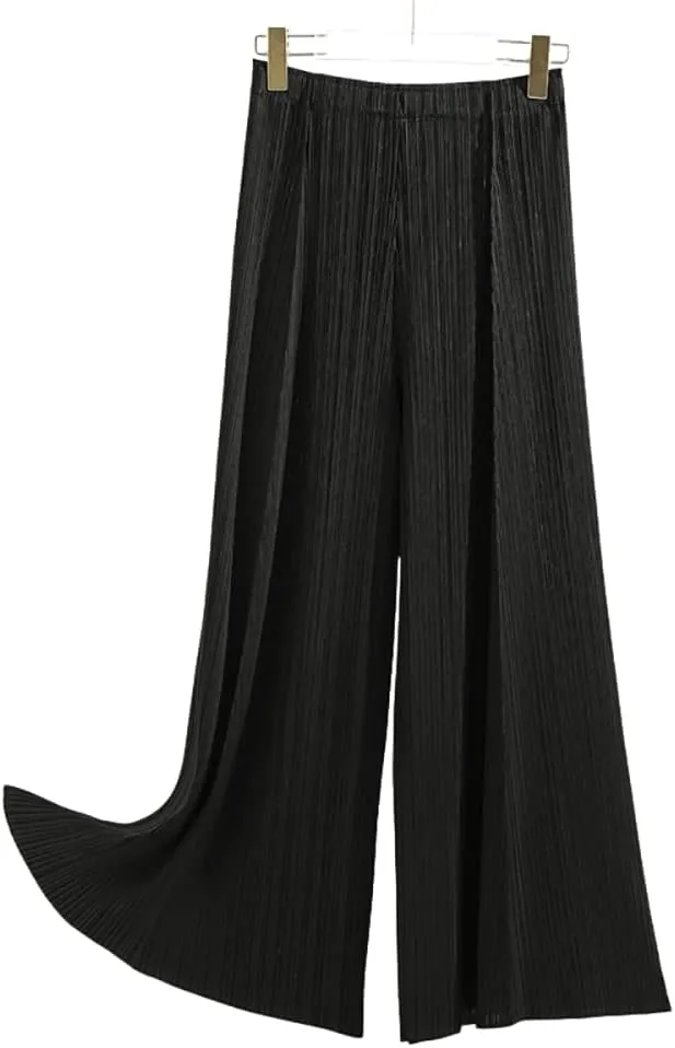 yoeasy Women Textured Pleated Wide Leg Palazzo Pants Summer High Elastic Waist Loose Casual Long Trousers