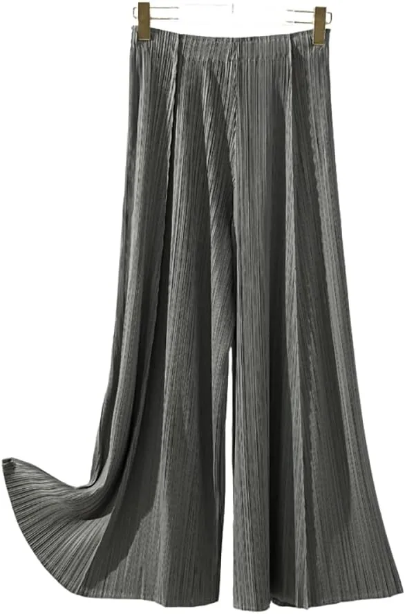 yoeasy Women Textured Pleated Wide Leg Palazzo Pants Summer High Elastic Waist Loose Casual Long Trousers