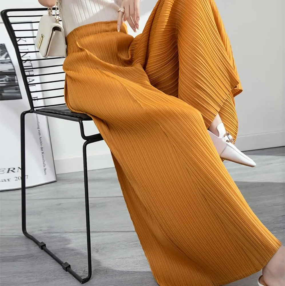 yoeasy Women Textured Pleated Wide Leg Palazzo Pants Summer High Elastic Waist Loose Casual Long Trousers