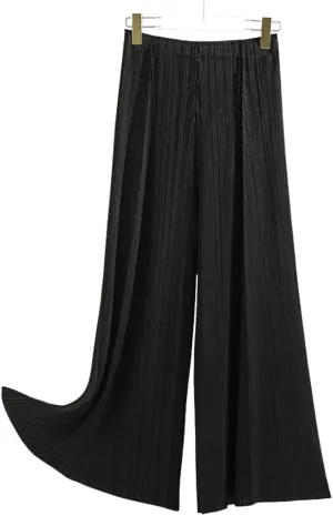 yoeasy Women Textured Pleated Wide Leg Palazzo Pants Summer High Elastic Waist Loose Casual Long Trousers