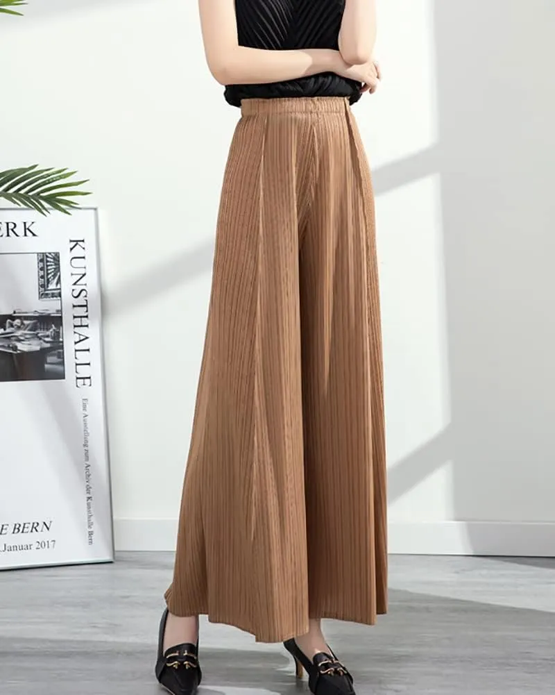 yoeasy Women Textured Pleated Wide Leg Palazzo Pants Summer High Elastic Waist Loose Casual Long Trousers
