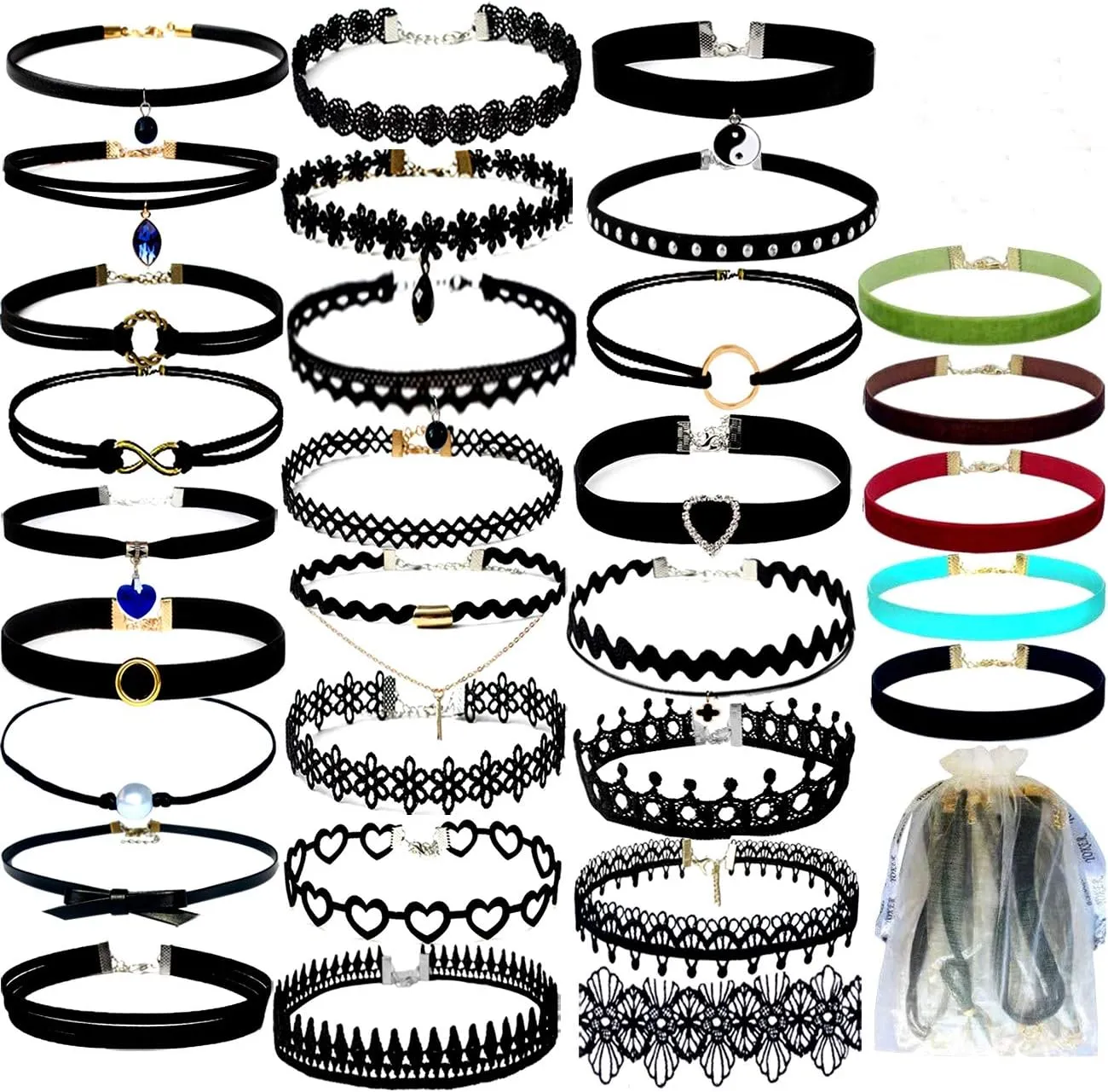 YOKER 30 Pcs Black Choker Necklaces Set for Womens Velvet Choker Set Classic Gothic Tattoo Lace Chokers Adjustable for Party Cosplay Christmas Birthday Jewelry