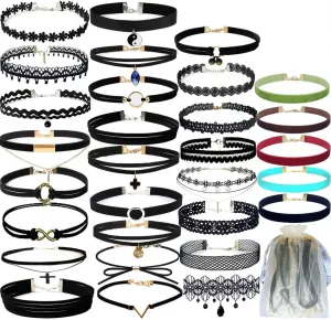 YOKER 30 PCS Necklaces Black Velvet Choker Set for Women Adjustable Classic Gothic Tattoo Lace Chokers Stretch Necklace for Party Cosplay Christmas Birthday