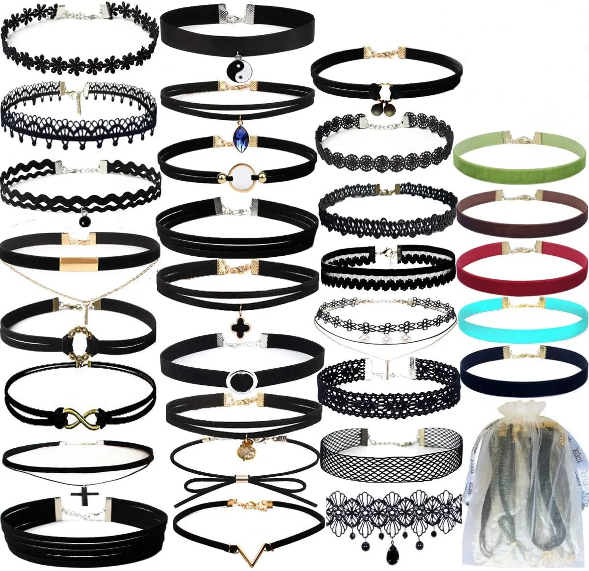 YOKER 30 PCS Necklaces Black Velvet Choker Set for Women Adjustable Classic Gothic Tattoo Lace Chokers Stretch Necklace for Party Cosplay Christmas Birthday