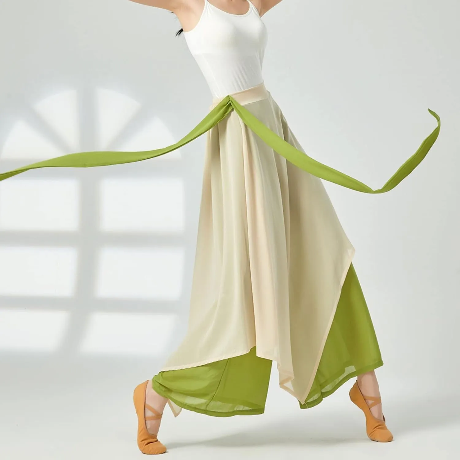 YOLAI Women's Casual Chiffon Pants Colour Blocking Dance Wide Legged Long Pants Practice Exercises Dance Training Pants