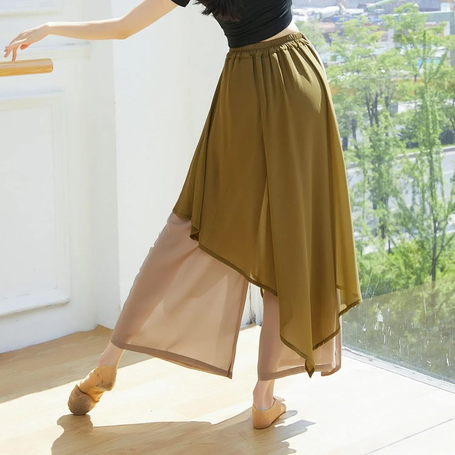 YOLAI Women's Casual Chiffon Pants Colour Blocking Dance Wide Legged Long Pants Practice Exercises Dance Training Pants