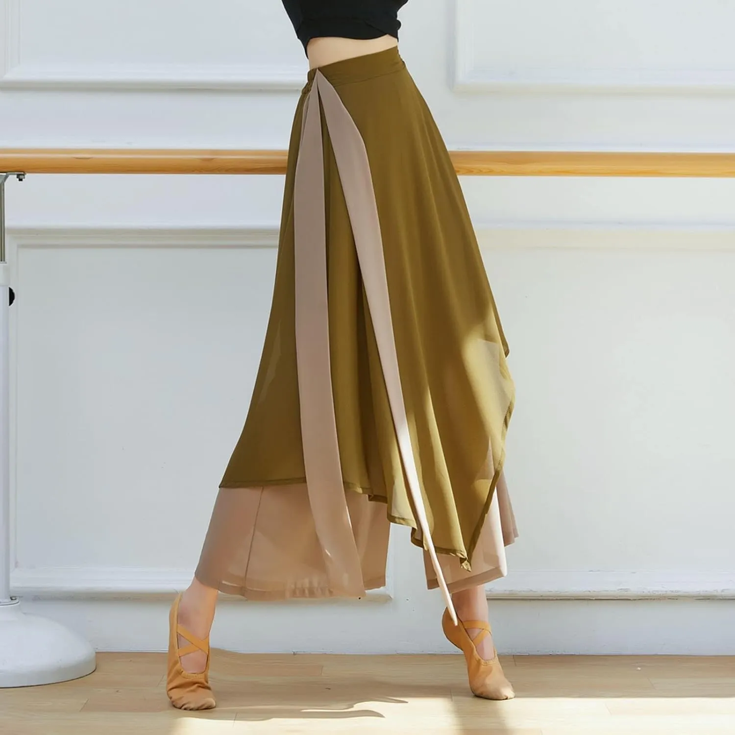 YOLAI Women's Casual Chiffon Pants Colour Blocking Dance Wide Legged Long Pants Practice Exercises Dance Training Pants