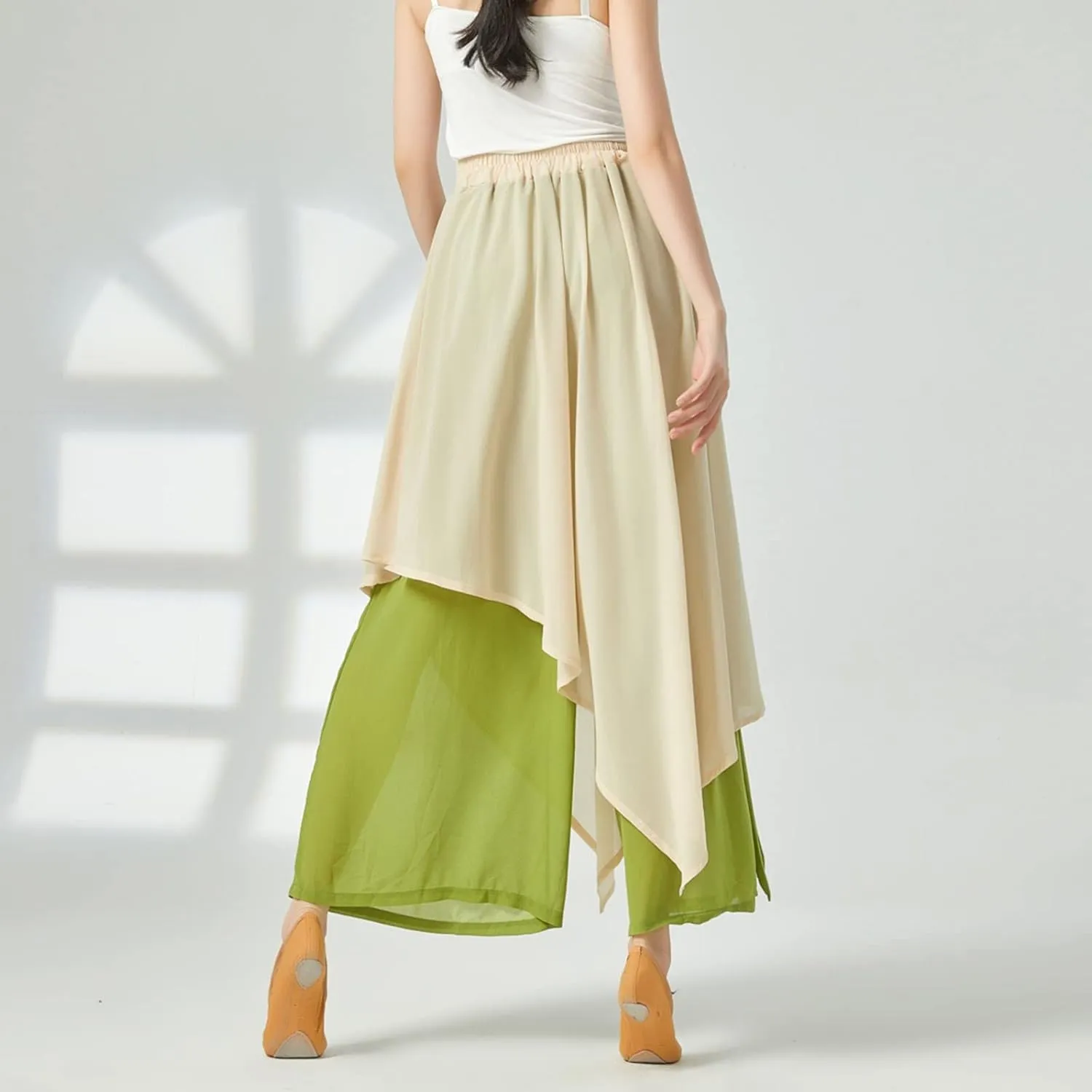 YOLAI Women's Casual Chiffon Pants Colour Blocking Dance Wide Legged Long Pants Practice Exercises Dance Training Pants