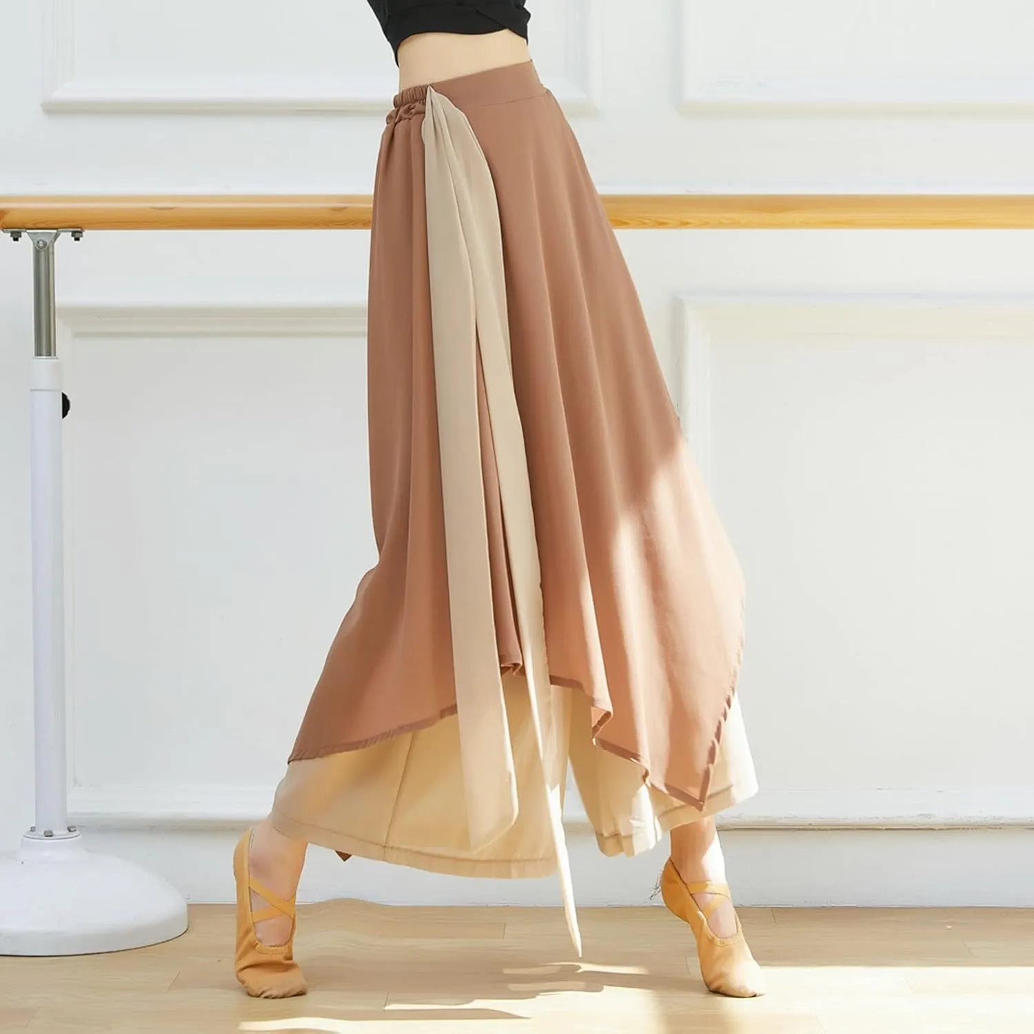 YOLAI Women's Casual Chiffon Pants Colour Blocking Dance Wide Legged Long Pants Practice Exercises Dance Training Pants