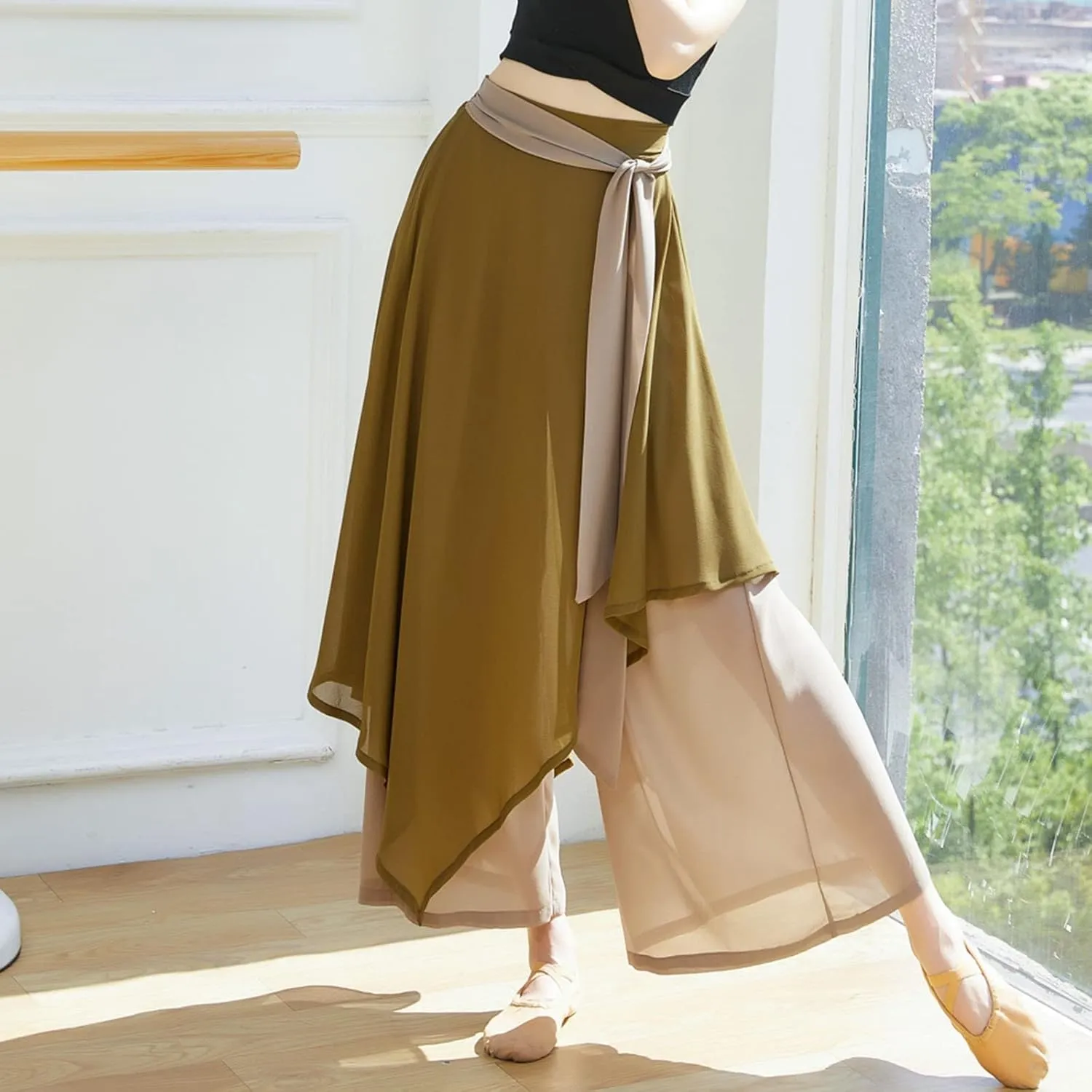 YOLAI Women's Casual Chiffon Pants Colour Blocking Dance Wide Legged Long Pants Practice Exercises Dance Training Pants