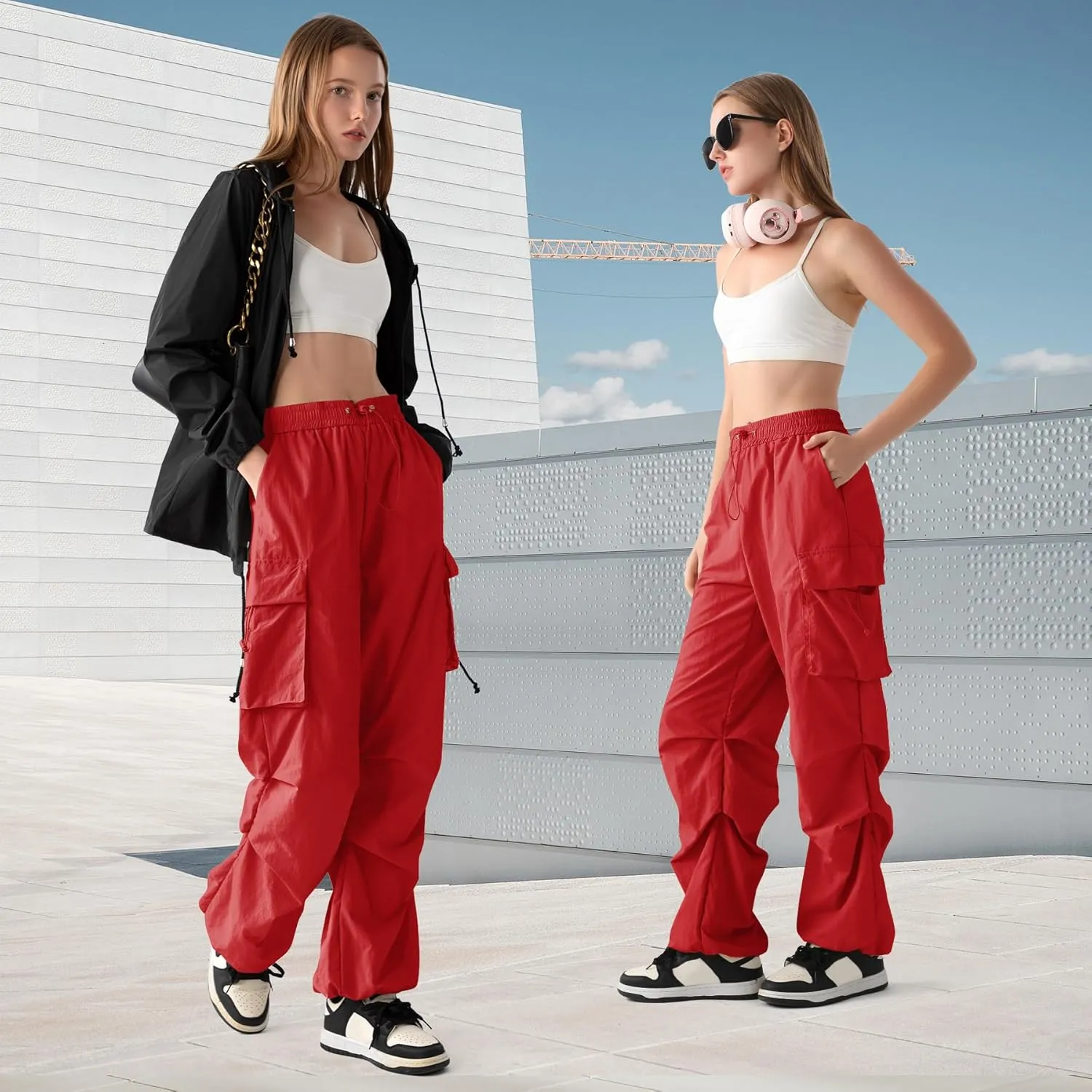 Zando Baggy Cargo Parachute Pants Women High Waisted Wide Leg Waterproof Windbreaker Hiking Pants for Women