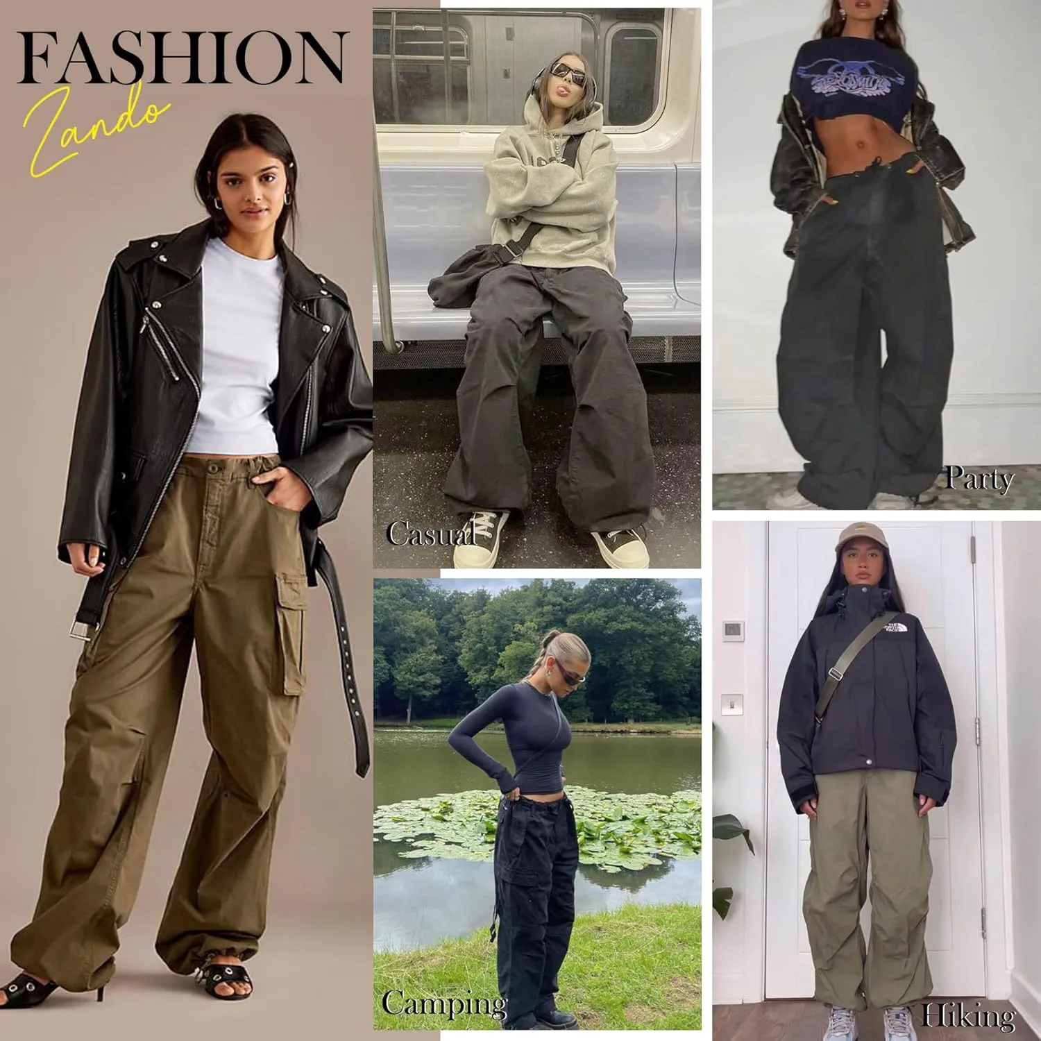 Zando Baggy Cargo Parachute Pants Women High Waisted Wide Leg Waterproof Windbreaker Hiking Pants for Women