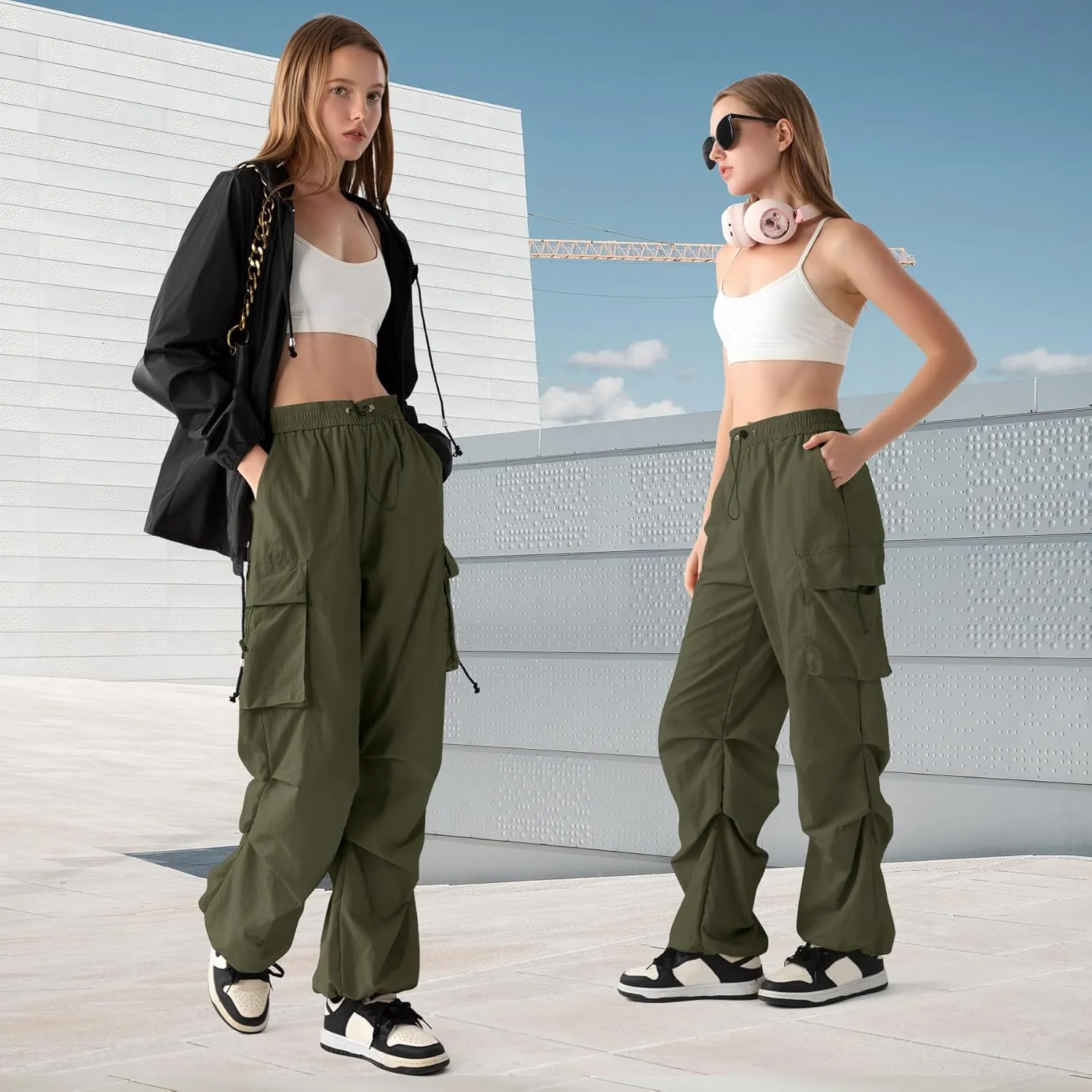 Zando Baggy Cargo Parachute Pants Women High Waisted Wide Leg Waterproof Windbreaker Hiking Pants for Women
