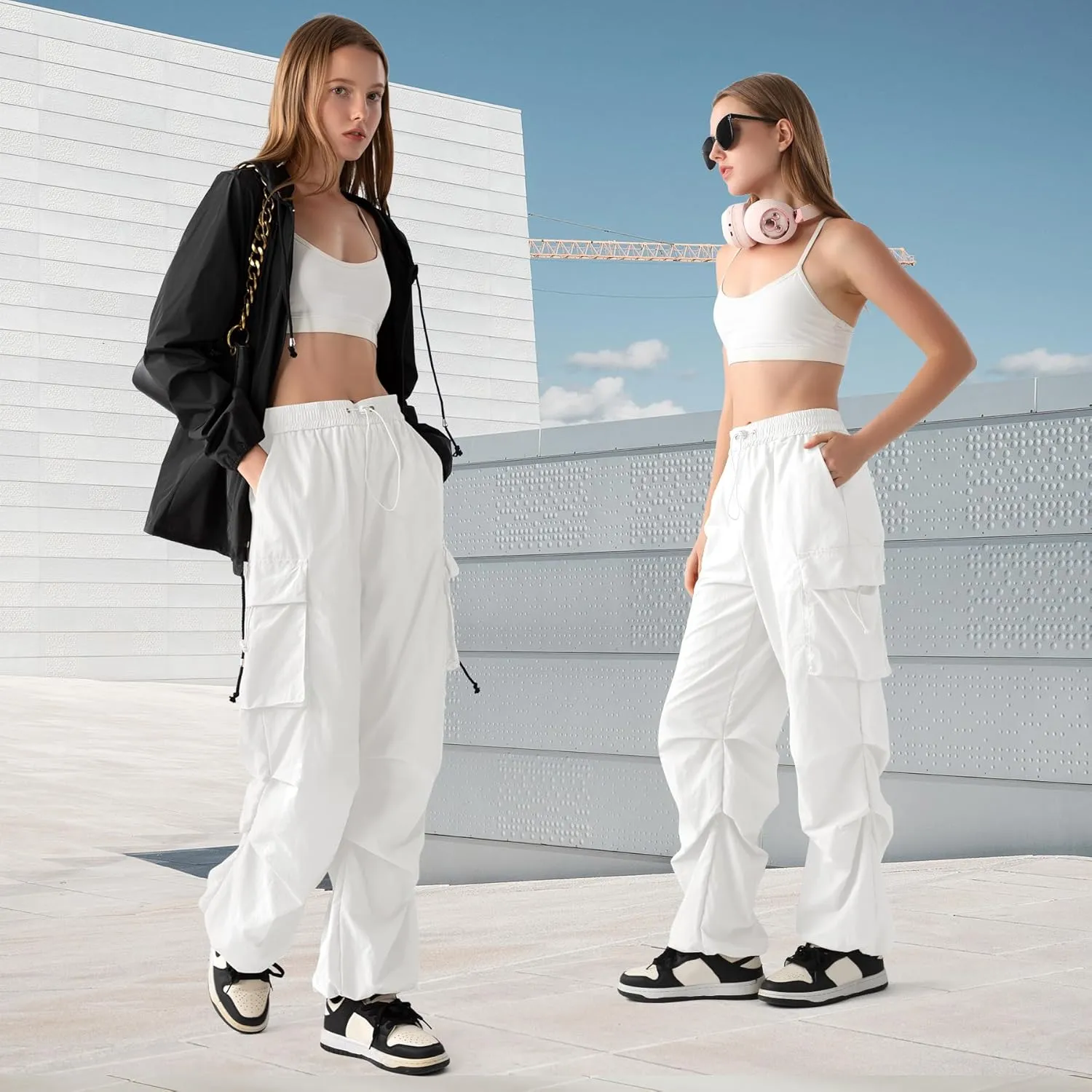 Zando Baggy Cargo Parachute Pants Women High Waisted Wide Leg Waterproof Windbreaker Hiking Pants for Women