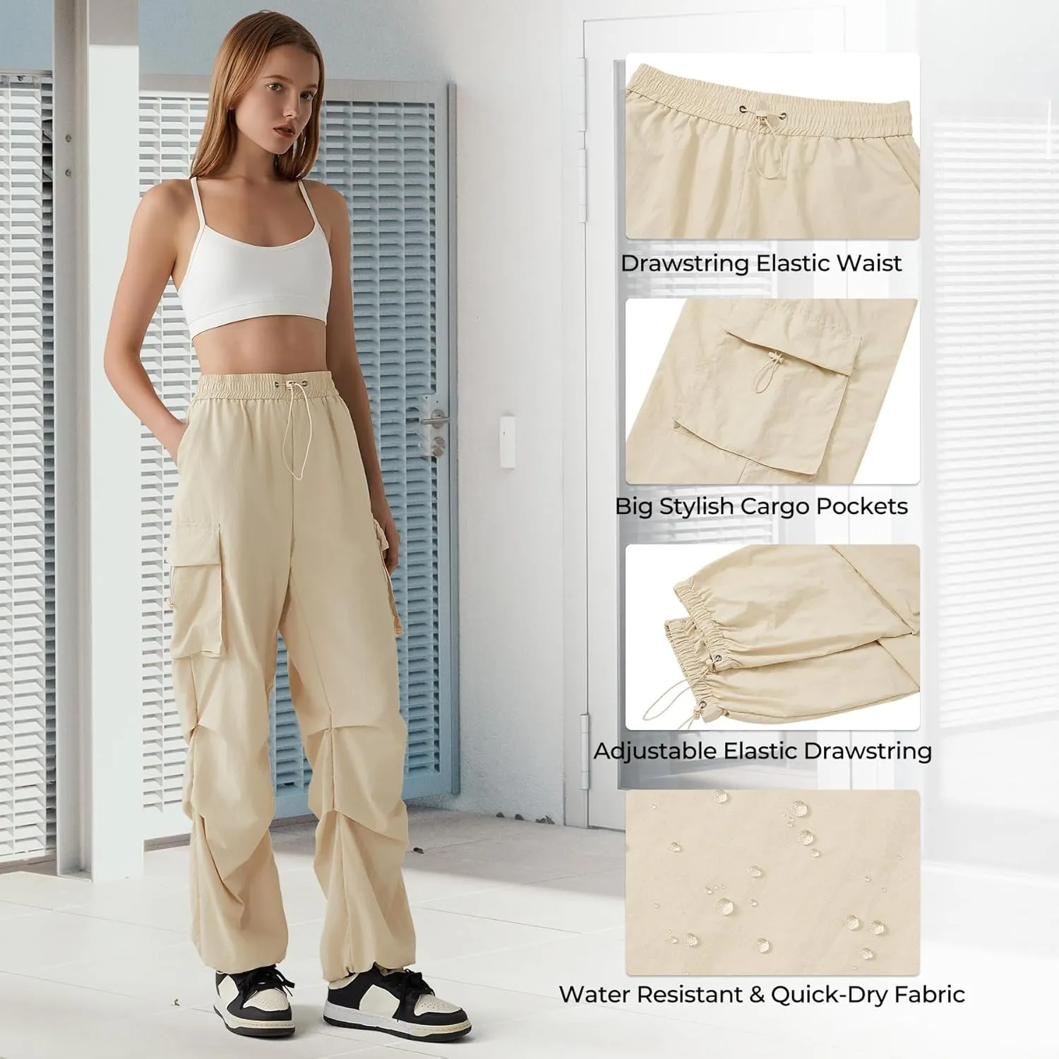 Zando Baggy Cargo Parachute Pants Women High Waisted Wide Leg Waterproof Windbreaker Hiking Pants for Women