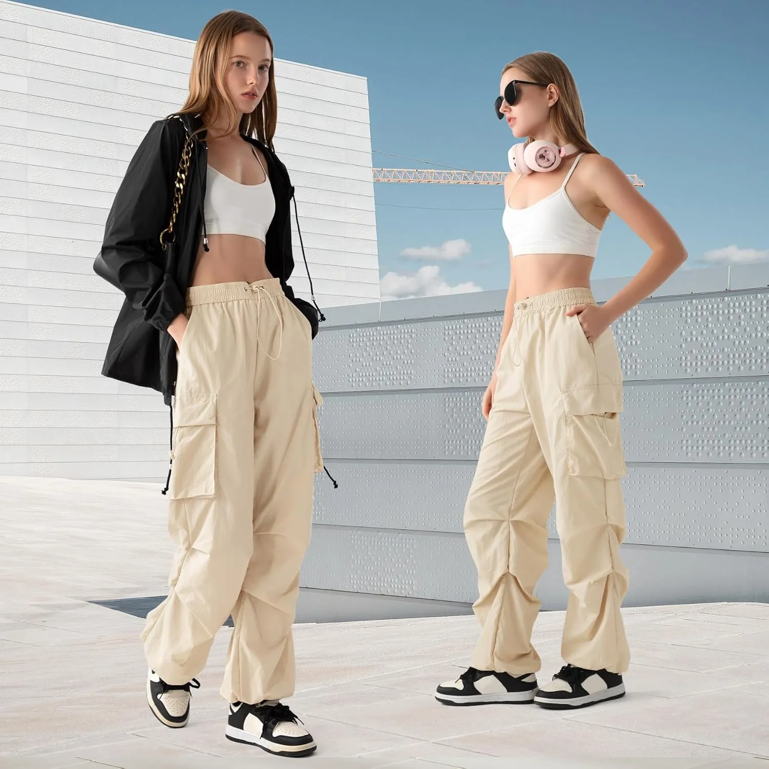 Zando Baggy Cargo Parachute Pants Women High Waisted Wide Leg Waterproof Windbreaker Hiking Pants for Women