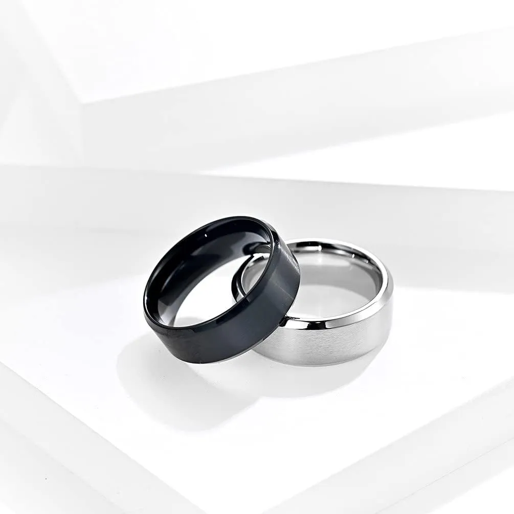 ZDBDH Personalized Logo Text Rings 8MM Brushed Stainless Steel Bevel Edges Rings-Tree of Life Bereavement Rings-Christian Cross Faith Inspirational Rings-King Queen Rings-Yoga Rings-Compass Rings
