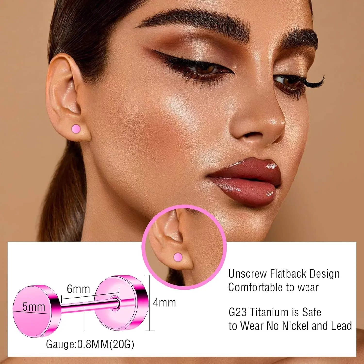 ZDE Women Earrings Flat Back Dot Earrings Titanium Hypoallergenic Cartilage Non-Nickel Earrings Studs for Sensitive Ears Simple Classic 3mm/4mm/5mm/6mm Screw On Stud Earring