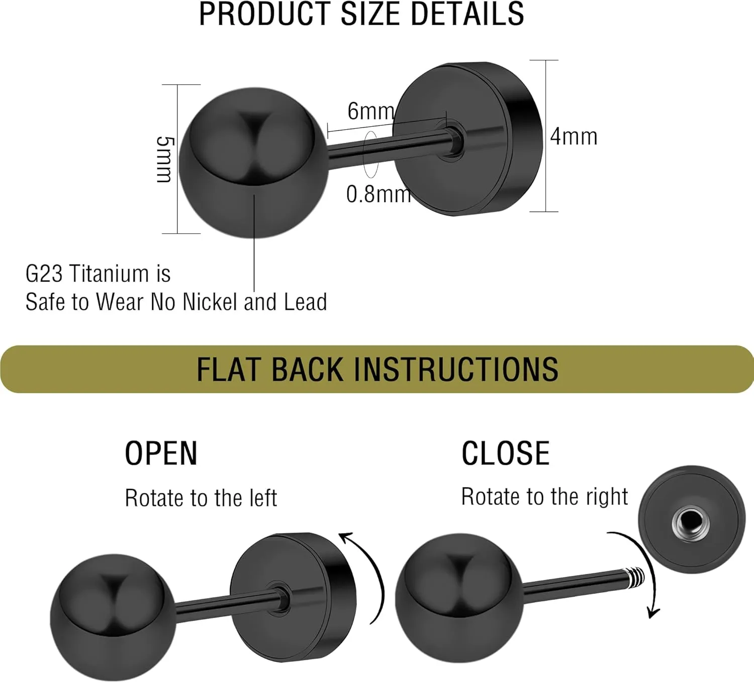 ZDE Women Flat Back Ball Stud Earrings Titanium Hypoallergenic Earrings Stud for Sensitive Ears Simple Classic 3mm-5mm Flat Stud Earring Perfect for Helix Tragus Cartilage Earlobe